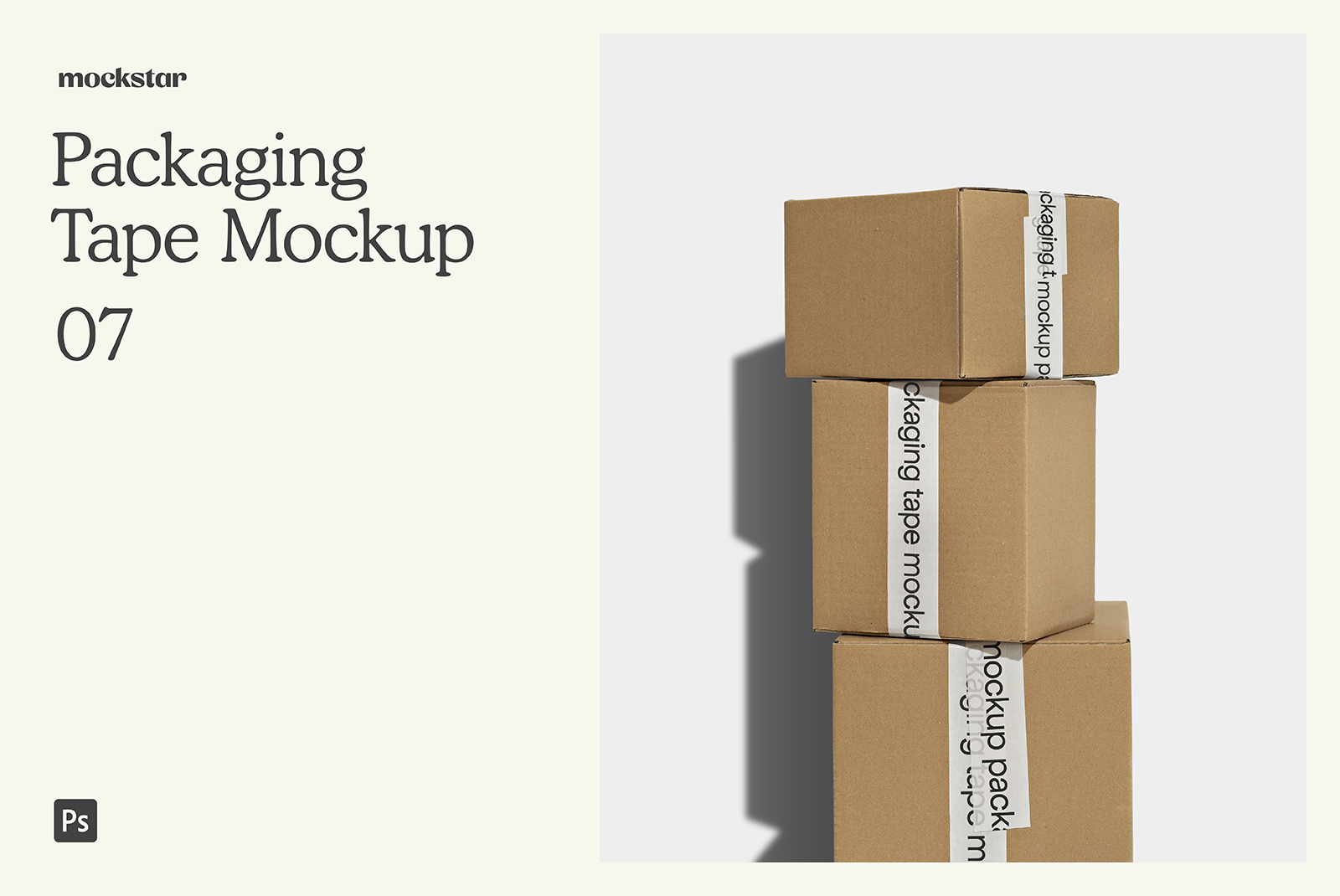 Cardboard boxes with customizable packaging tape for branding, realistic shadows, editable PSD mockup, ideal for designers.